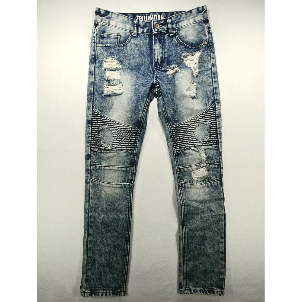 Trillnation Mens 30 Biker Jeans Blue Acid Wash Distressed Moto Slim Fit Denim